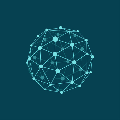 Vector illustration of wireframe sphere on dark blue background. Abstract geometric polygonal object with lines and dots connected. Plane colors