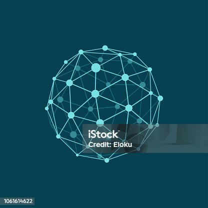 istock Wireframe sphere on dark blue background. Abstract geometric polygonal object with lines and dots connected. Plane colors 1061614622