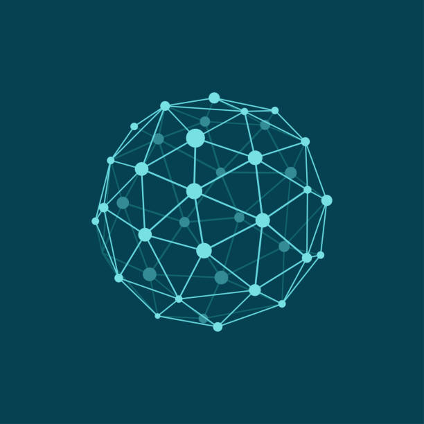 Wireframe sphere on dark blue background. Abstract geometric polygonal object with lines and dots connected. Plane colors Vector illustration of wireframe sphere on dark blue background. Abstract geometric polygonal object with lines and dots connected. Plane colors sphere stock illustrations