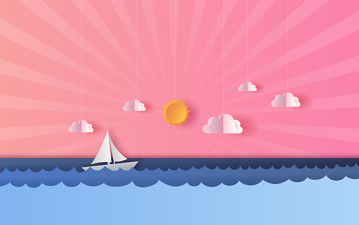 3D Paper art and craft of seascape view with a floating sailing boat in the clear sunset beautiful pink and blue sky background.summertime season landscape with sea wave surface.vector  illustration.