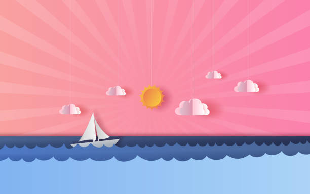 3D Paper art and craft of seascape view with a floating sailing boat in the clear sunset beautiful pink and blue sky background.summertime season landscape with sea wave surface.vector  illustration. 3D Paper art and craft of seascape view with a floating sailing boat in the clear sunset beautiful pink and blue sky background.summertime season landscape with sea wave surface.vector  illustration. sailing background stock illustrations