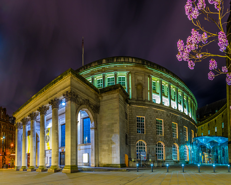 Night view of the Manchester central Library, England