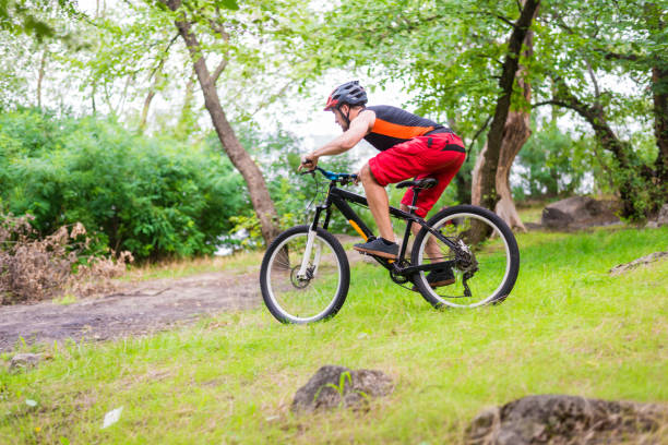 istock Cyclist riding a bicycle through the summer forest, free space. 1061620560