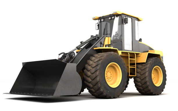 istock Powerfull concept. Massive yellow hydraulic earth mover isolated on white. Right to left direction. 3D illustration. Wide angle. Side view 1061620760