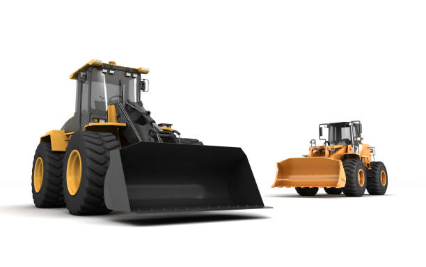 istock Construction site concept. Two different powerfull hydraulic earth movers isolated on white moving in different directions. 3D illustration. Wide angle. Front view 1061622258