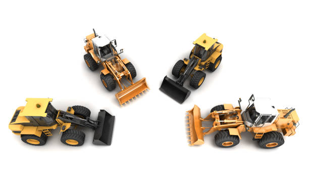 istock Construction site concept. Four different powerfull hydraulic earth movers isolated on white stand in a semicircle. 3D illustration. Wide angle. Top view 1061622360