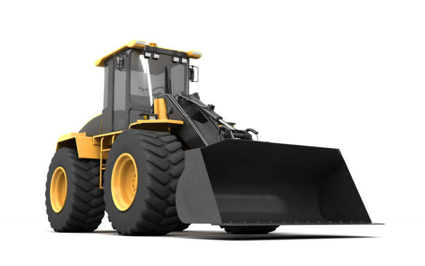 istock Powerfull concept. Massive yellow hydraulic earth mover isolated on white. Left to right direction. 3D illustration. Wide angle. Front view 1061622372
