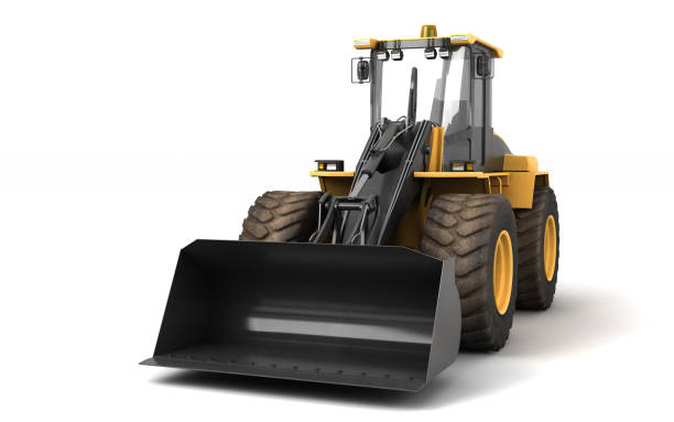 istock Powerfull concept. Massive yellow hydraulic earth mover isolated on white. Right to left direction. 3D illustration. Wide angle. Front view 1061622430