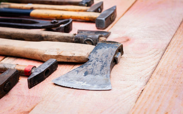 istock Set of vintage hand construction tools on a wooden background 1061625242