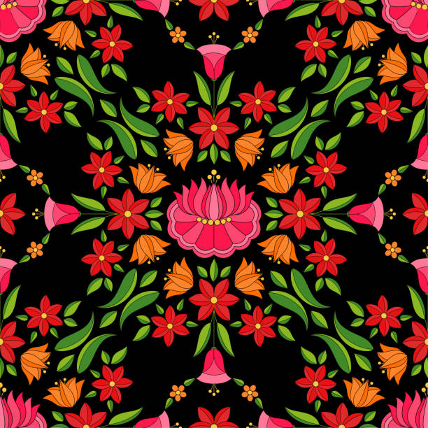 Hungarian folk pattern vector seamless. Kalocsa floral ethnic ornament. Slavic eastern european print on black background. Traditional flower embroidery design for woman clothing or home textile. Hungarian folk pattern vector seamless. Kalocsa floral ethnic ornament. Slavic eastern european print on black background. Traditional flower embroidery design for woman clothing or home textile. slavic culture stock illustrations