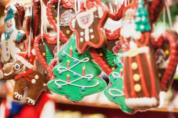 Sales of traditional Christmas sweets on the Christmas fair. Holidays concept