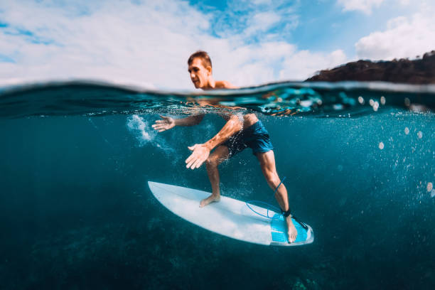 istock Surfer man relaxing with surfboard in ocean 1061638098