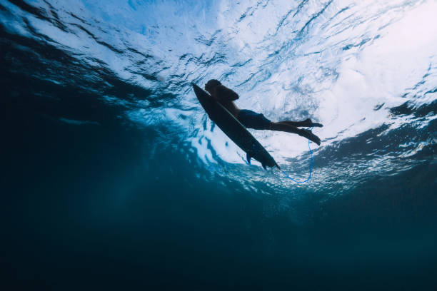 istock Surfer male with surfboard dive underwater with under big wave. 1061638182