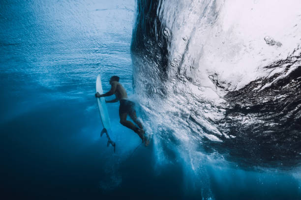 istock Professional surfer with surfboard dive underwater. Alone surfer under big ocean wave. 1061638252