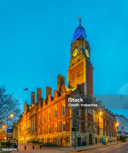 Sunset View Of Town Hall In Leicester England Stock Photo - Download Image Now - Leicester, Town, UK