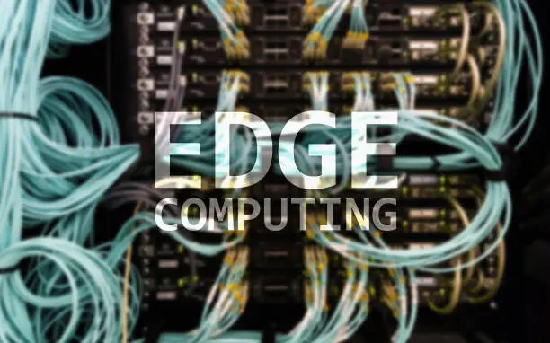 Photo of EDGE computing, internet and modern technology concept on modern server room background.