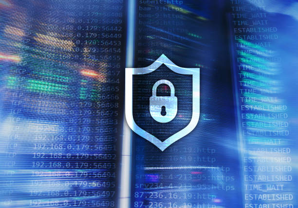 istock Cyber protection shield icon on server room background. Information Security and virus detection. 1061639688