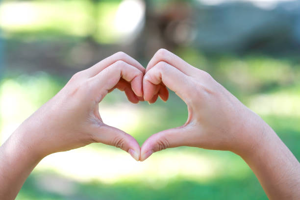 istock human hands doing heart symbol on nature background 1061642444
