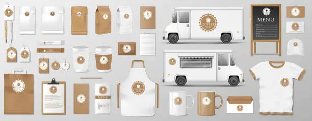 Vector illustration of Mockup set for coffee shop, cafe or restaurant. Coffee food package for corporate identity design. Realistic set of cardboard, Food delivery truck, cup, pack, shirt, menu