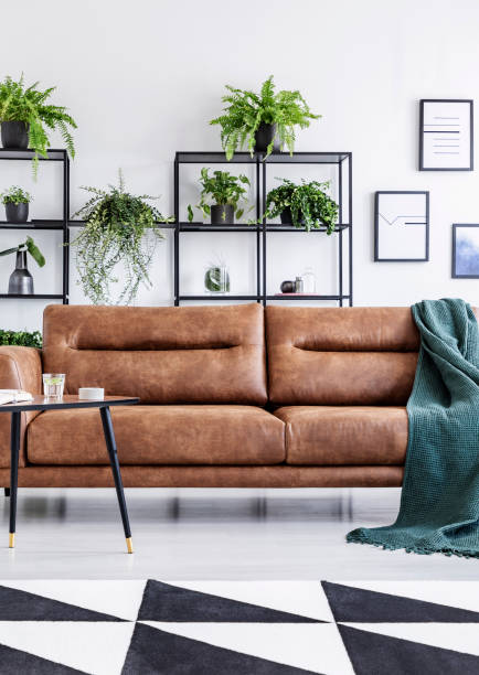 istock Vertical view of modern coffee house interior with leather settee, small table and green plants 1061644226