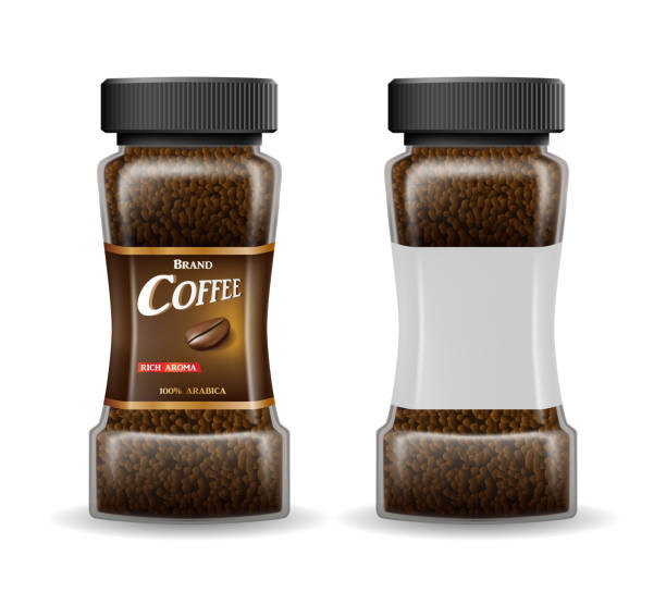 istock Instant coffee glass jar with coffee granules. Product package template design isolated on white. Vector 3d illustration 1061644434