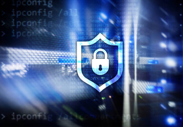 istock Cyber protection shield icon on server room background. Information Security and virus detection. 1061644722