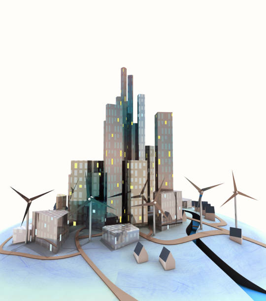 istock sunset over isolated modern cityscape with windmills 1061644982