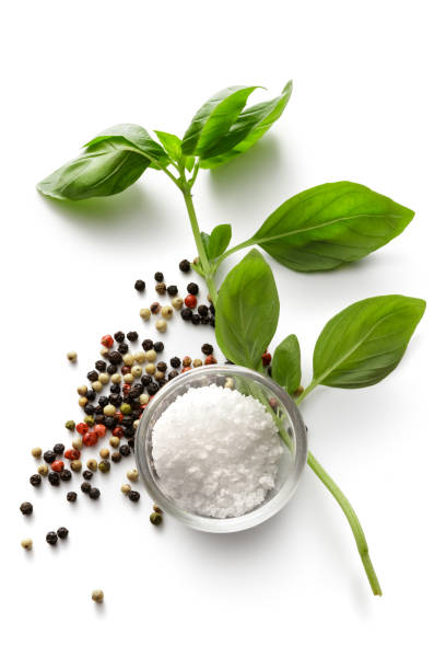 seasoning: basil, salt and pepper isolated on white background - saleiro de mesa imagens e fotografias de stock