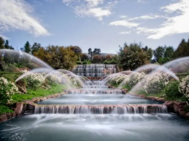 A long exposure of the EUR waterfalls in Rome, near a lake park, taken with tripod and Panasonic GH4 camera.