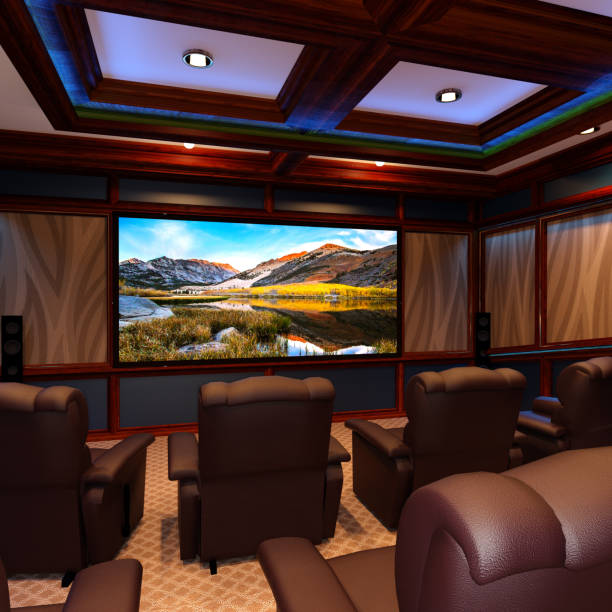 3D illustration home theater 3D rendering of a home theater interior entertainment center stock pictures, royalty-free photos & images