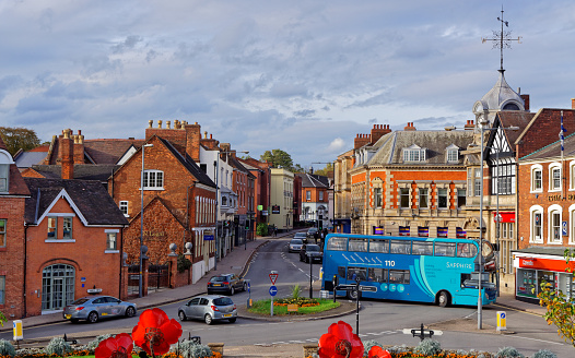 Sutton Coldfield, October 13: A double decker bus driving through the city center at High Street, UK 2018