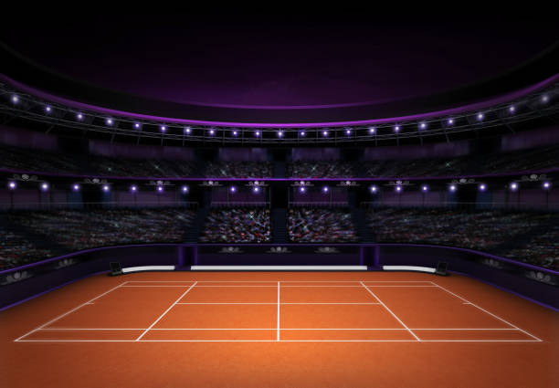 istock orange clay tennis stadium with evening sky 1061660712