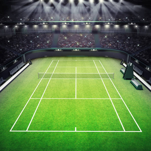 la hierba del tenis y estadio lleno de espectadores con focos - tennis court tennis net indoors fotografías e imágenes de stock