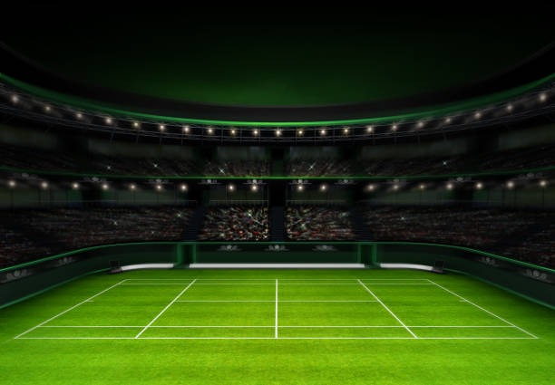 zielony trawiasty stadion tenisowy z wieczornym niebem - playing field flash zdjęcia i obrazy z banku zdjęć