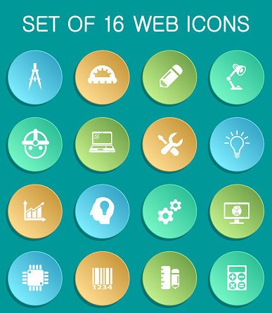 engineering web icons on colorful round buttons