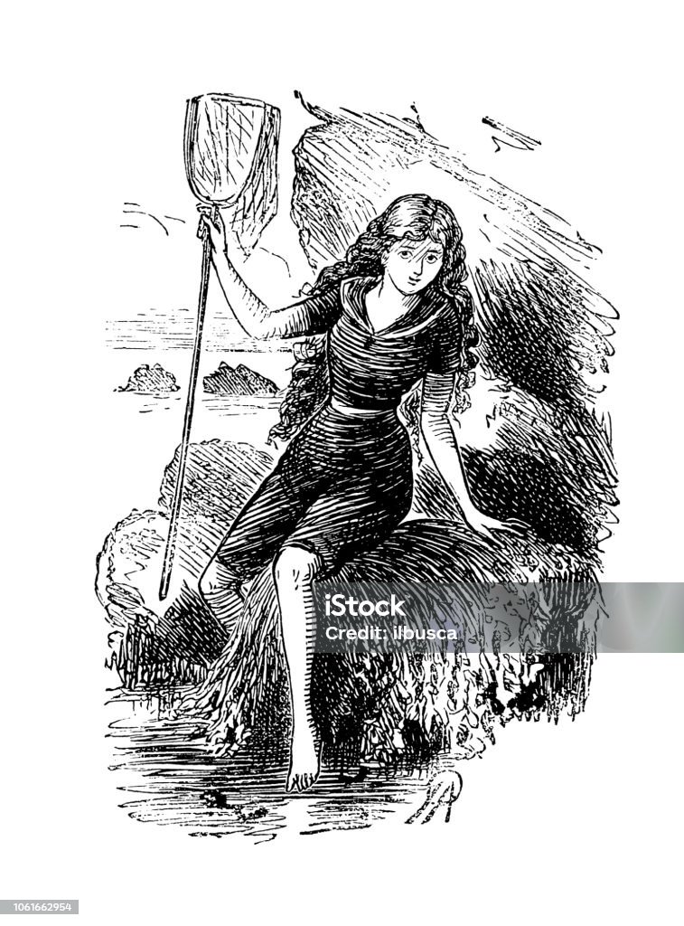 British London satire caricatures comics cartoon illustrations: Girl with net Mermaid stock illustration