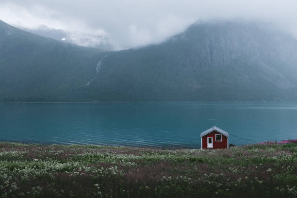Abandoned house staying near beautiful foggy fjord and waterfall in Northern Norway View of abandoned red house, sea and moody mountains on Senja island in Norway senja island photos stock pictures, royalty-free photos & images