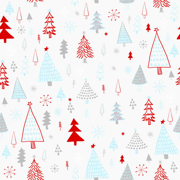 손으로 그린/크리스마스 나무 패턴입니다. 블루, 그레이, 레드 크리스마스 나무, 완벽 한 패턴. 숲 배경입니다. 유치 한 질감 직물, 섬유. - 크리스마스 포장지 일러스트 stock illustrations