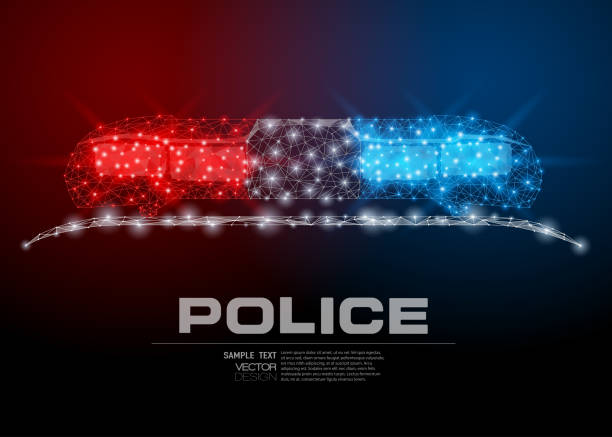 Police flashing indicators Abstract polygonal light of flashing indicators on a roof. Business wireframe mesh spheres from flying debris. Police guard concept. Blue structure style vector illustration with geometry triangles. police force stock illustrations