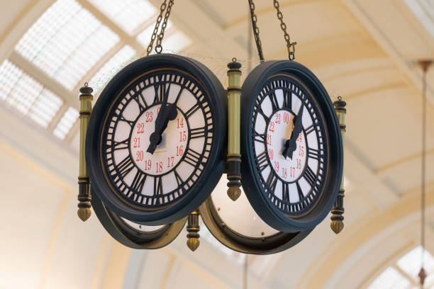 istock Antique clock hanging in argentine railway station 1061670554