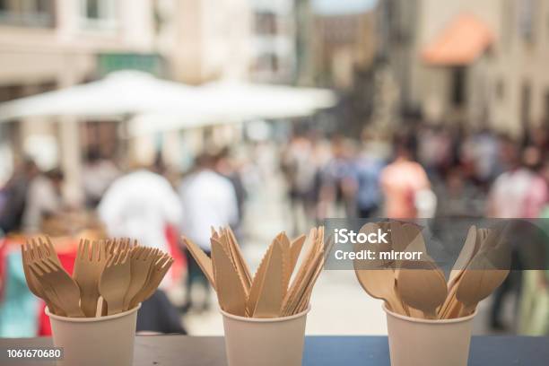 Disposable Wooden Cutlery Eco Friendly Biodegradable Forks Spoons Knives Stock Photo - Download Image Now