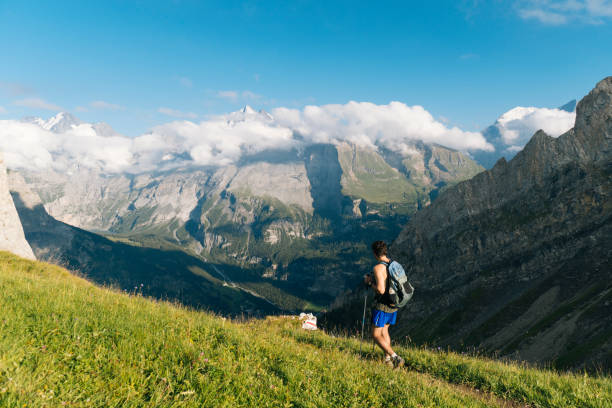 istock Hiker walks through mountain meadow, along trail 1061671460