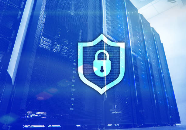 istock Cyber protection shield icon on server room background. Information Security and virus detection. 1061671466