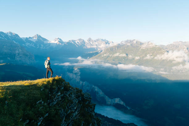 istock Hiker stands on mountain meadow crest 1061673322