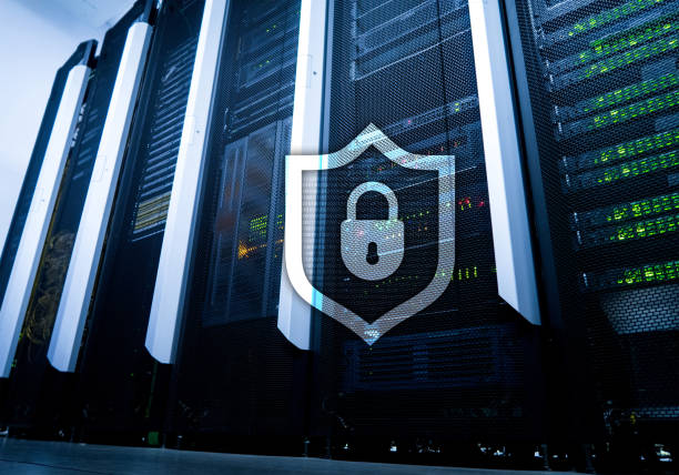 istock Cyber protection shield icon on server room background. Information Security and virus detection. 1061674020