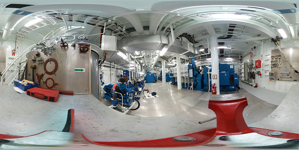 360 VR Look around spherical view of a modern offshore ship machinery spaces