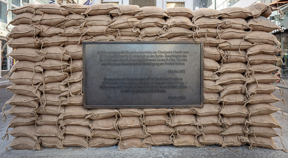 Historic plaque, checkpoint Charlie in Berlin, Germany