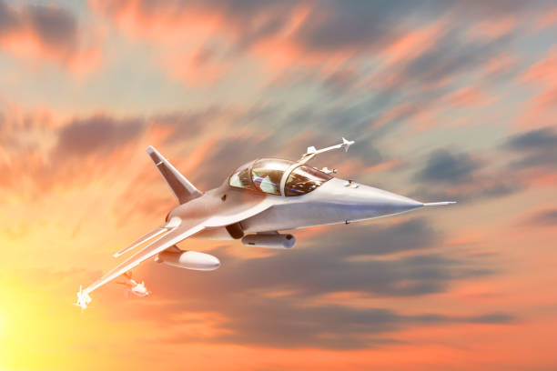 istock Fighter jet military speed maneuver in flight airforce base on sunset time. 1061690490