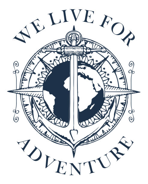 banner with anchor, wind rose and planet Earth Retro banner with a ship anchor, wind rose and planet Earth. Vector black and white illustration on the theme of travel, adventure and discovery with words We live for adventure. anchor free pic stock illustrations