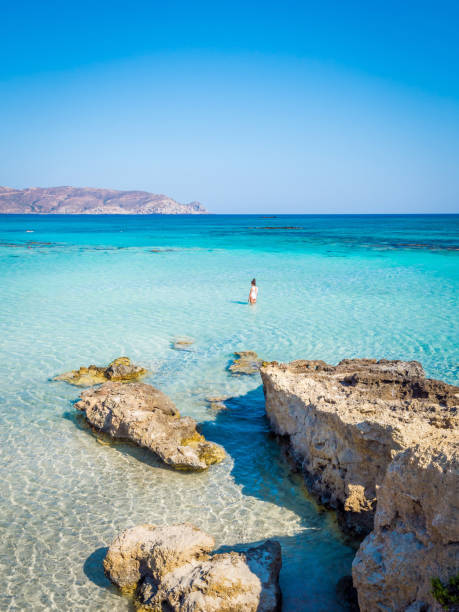 elafonisi、クレタ島、ギリシャ、クレタ島の近くに位置する島、青緑色の水とパラダイス ビーチ - beautiful blue sport vertical ストックフォトと画像
